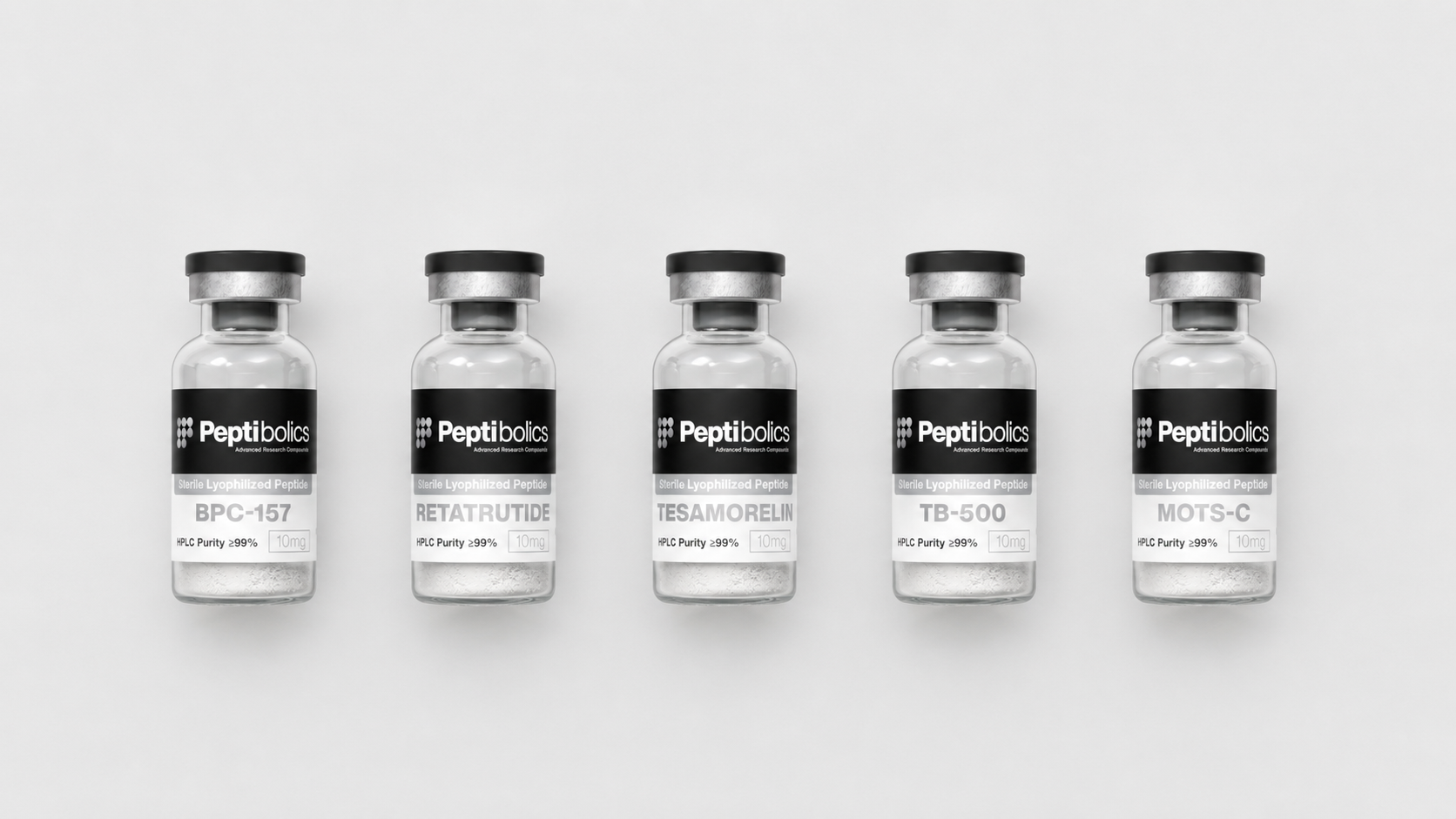 Row of Peptibolics laboratory vials